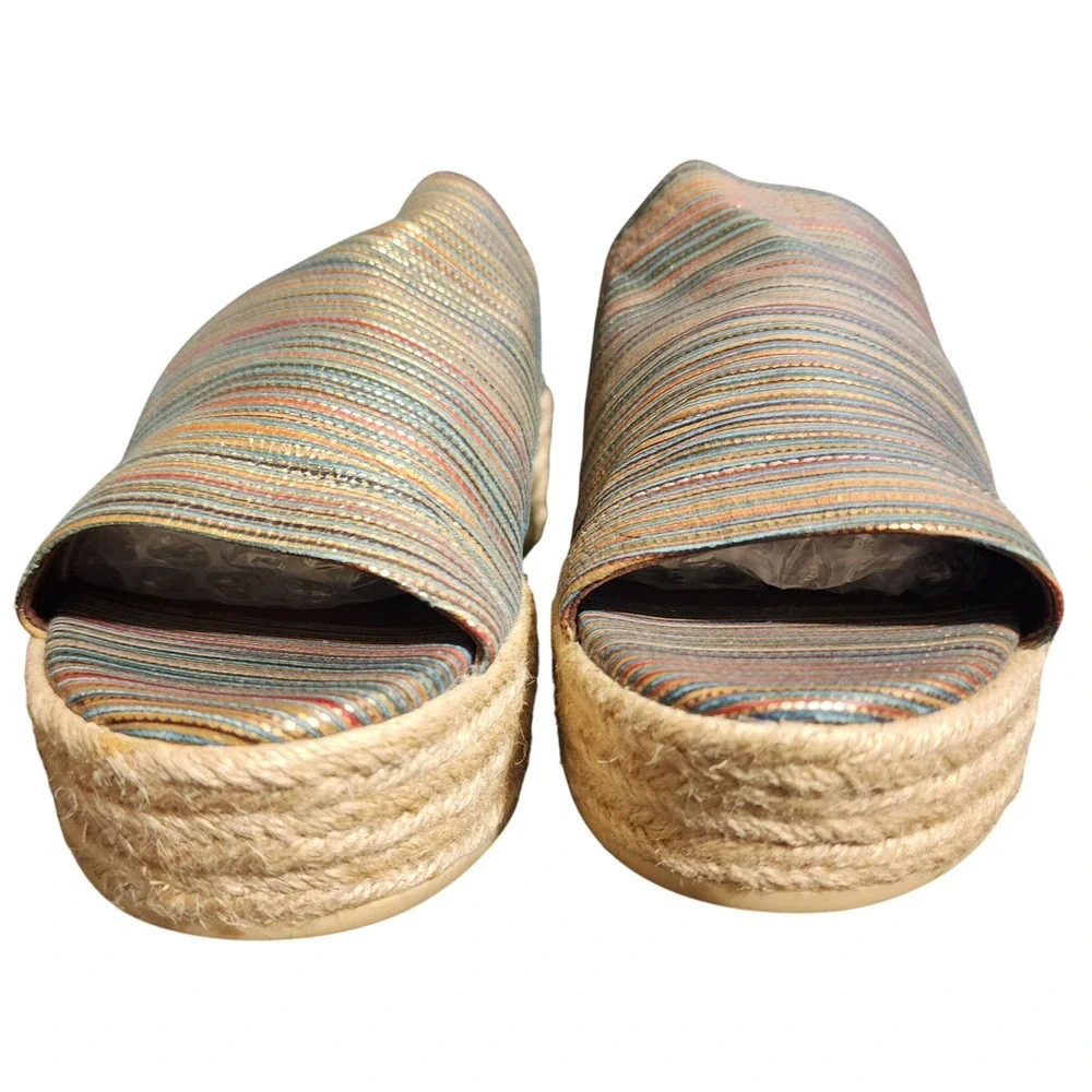 Vince Solana Gold Metallic Multi Striped Espadrille Platform Slide Sandals 5.5